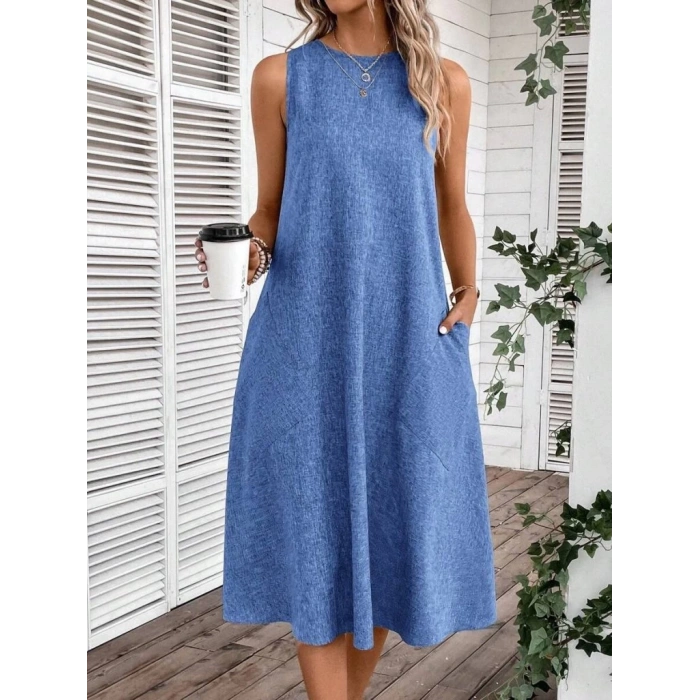 MDB Kadın Kolsuz Bisiklet Yaka Cepli Midi Keten Elbise