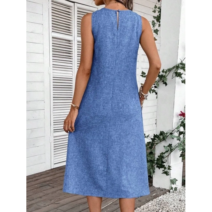 MDB Kadın Kolsuz Bisiklet Yaka Cepli Midi Keten Elbise