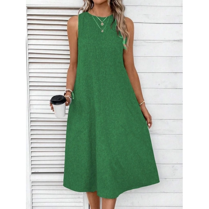 MDB Kadın Kolsuz Bisiklet Yaka Cepli Midi Keten Elbise