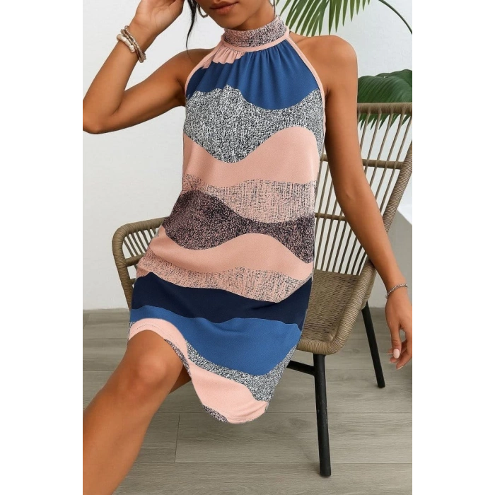 MDB Kadın Kolsuz Boyundan Askılı Desenli Midi Süprem Elbise