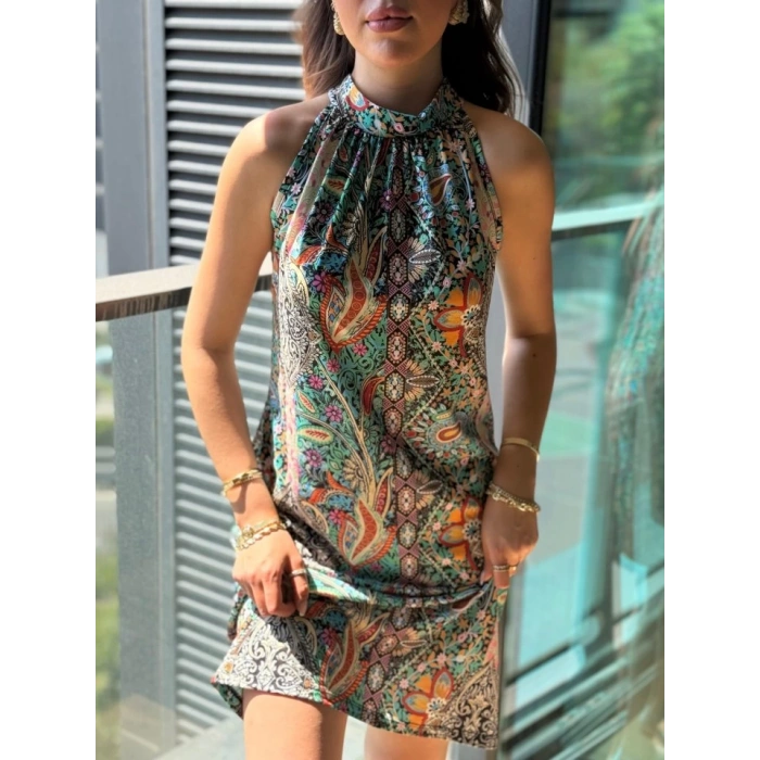 MDB Kadın Kolsuz Boyundan Askılı Desenli Midi Süprem Elbise