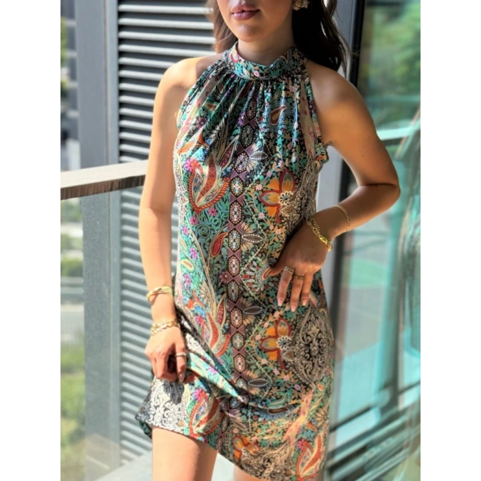 MDB Kadın Kolsuz Boyundan Askılı Desenli Midi Süprem Elbise