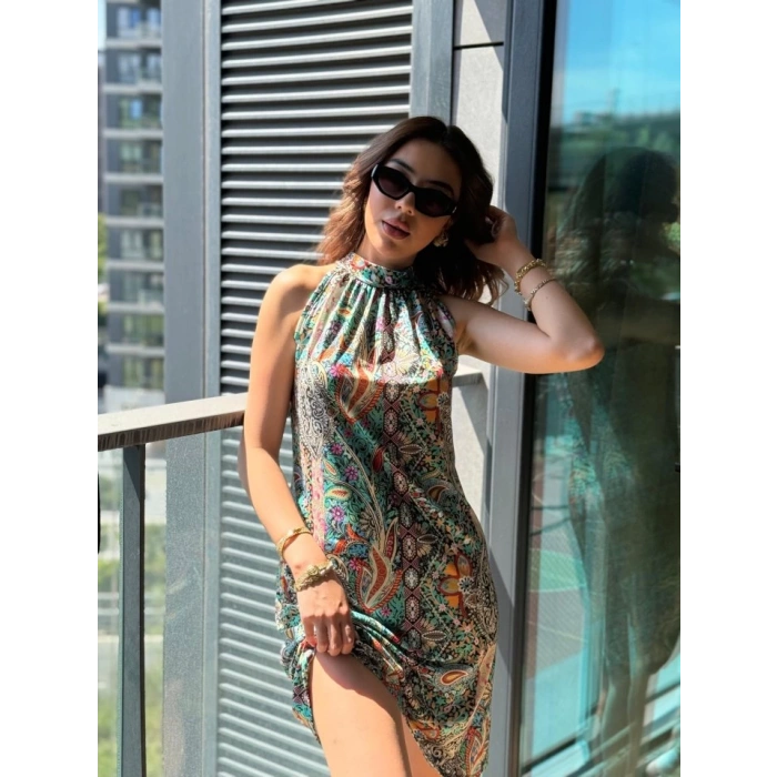 MDB Kadın Kolsuz Boyundan Askılı Desenli Midi Süprem Elbise