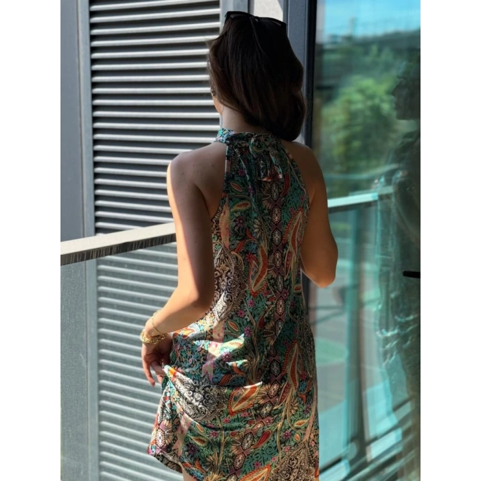 MDB Kadın Kolsuz Boyundan Askılı Desenli Midi Süprem Elbise