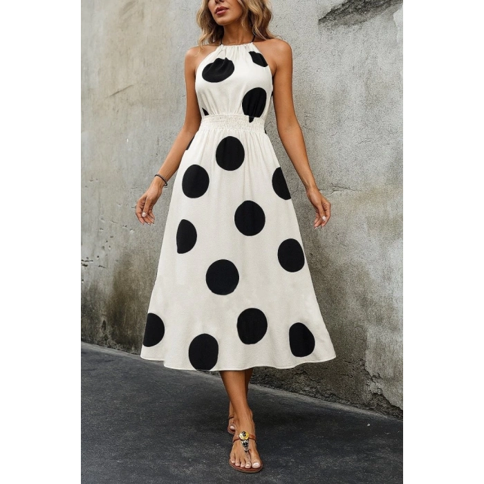 MDB Kadın Kolsuz Boyundan Bağlamalı Beli Lastikli Dijital Baskı Süprem Uzun Elbise