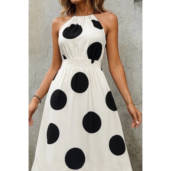 MDB Kadın Kolsuz Boyundan Bağlamalı Beli Lastikli Dijital Baskı Süprem Uzun Elbise