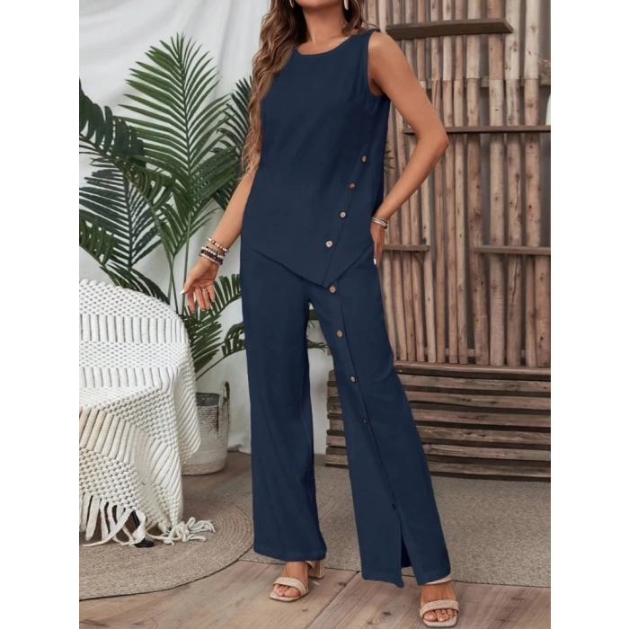 MDB Kadın Kolsuz Düğmeli Asimetrik Detaylı Bürümcük Bluz Ve Pantolon Takım