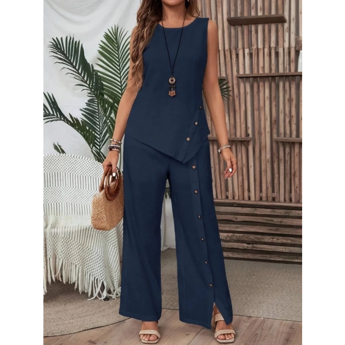 MDB Kadın Kolsuz Düğmeli Asimetrik Detaylı Bürümcük Bluz Ve Pantolon Takım