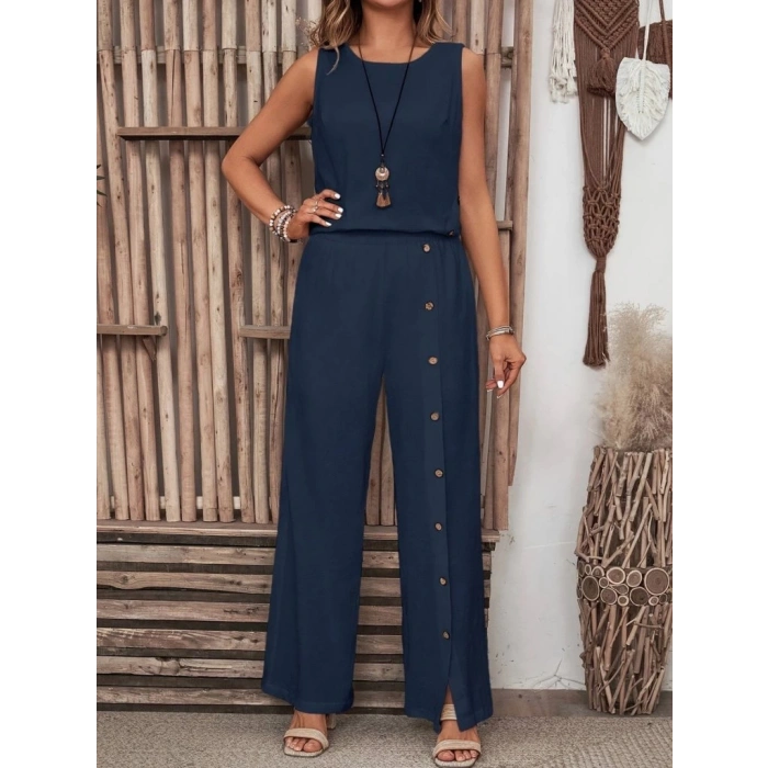 MDB Kadın Kolsuz Düğmeli Asimetrik Detaylı Bürümcük Bluz Ve Pantolon Takım