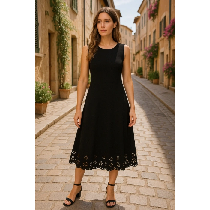 MDB Kadın Kolsuz Etek Ucu Lazer Kesim çiçek Desenli Midi Boy Ithal Krep Elbise