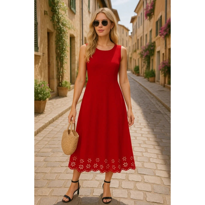 MDB Kadın Kolsuz Etek Ucu Lazer Kesim çiçek Desenli Midi Boy Ithal Krep Elbise