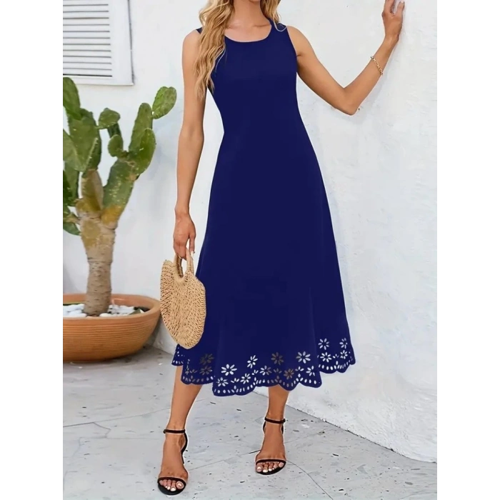 MDB Kadın Kolsuz Etek Ucu Lazer Kesim çiçek Desenli Midi Boy Ithal Krep Elbise