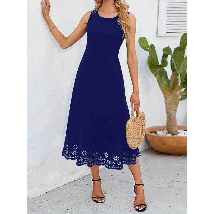 MDB Kadın Kolsuz Etek Ucu Lazer Kesim çiçek Desenli Midi Boy Ithal Krep Elbise