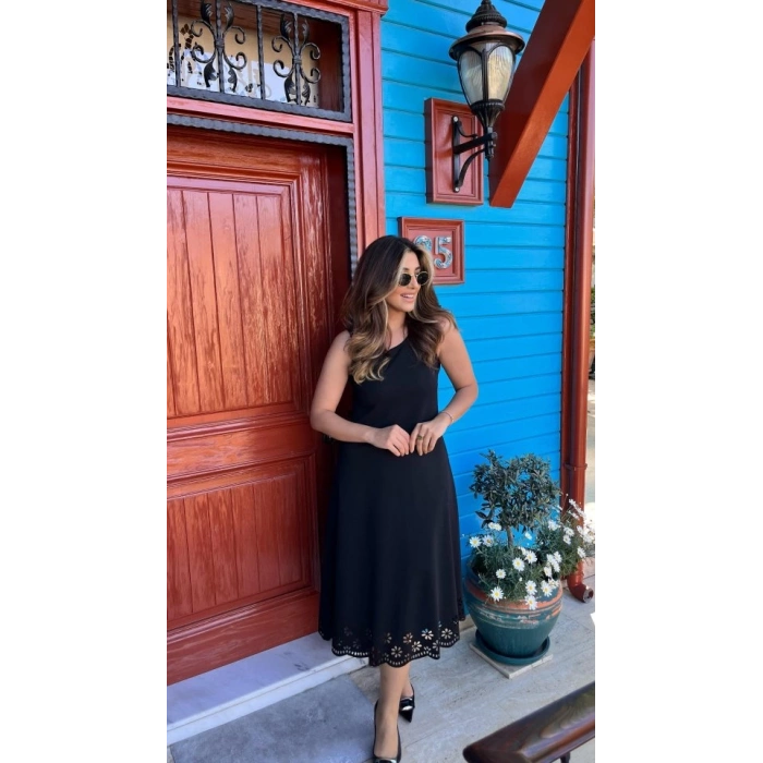 MDB Kadın Kolsuz Etek Ucu Lazer Kesim çiçek Desenli Midi Boy Janjan Krep Elbise