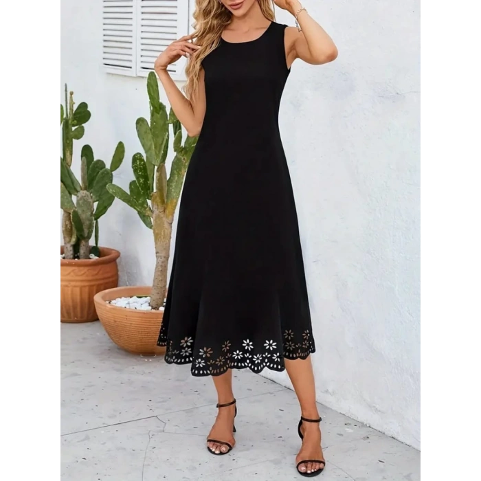 MDB Kadın Kolsuz Etek Ucu Lazer Kesim çiçek Desenli Midi Boy Janjan Krep Elbise