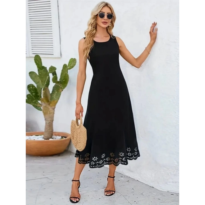 MDB Kadın Kolsuz Etek Ucu Lazer Kesim çiçek Desenli Midi Boy Janjan Krep Elbise