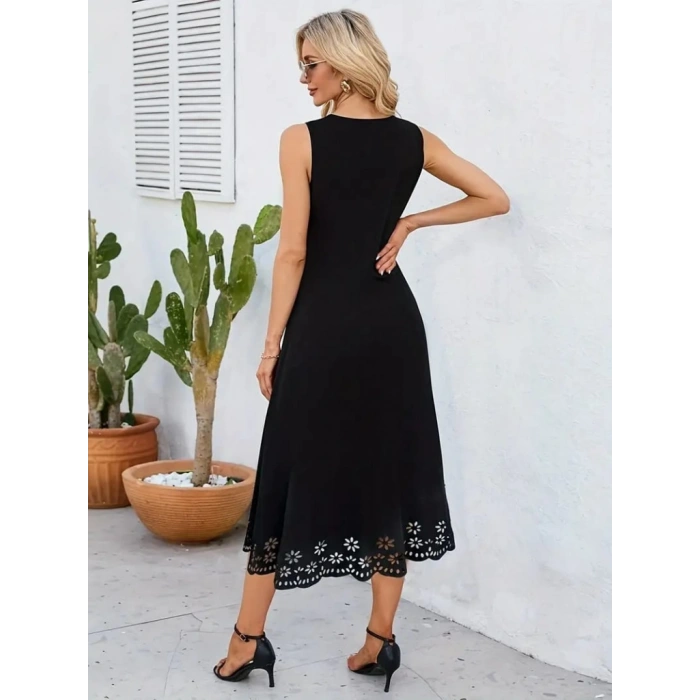 MDB Kadın Kolsuz Etek Ucu Lazer Kesim çiçek Desenli Midi Boy Janjan Krep Elbise