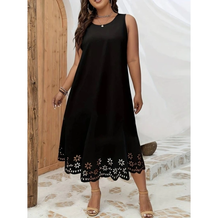 MDB Kadın Kolsuz Etek Ucu Lazer Kesim çiçek Desenli Midi Boy Janjan Krep Elbise