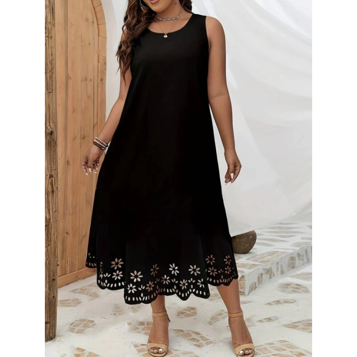 MDB Kadın Kolsuz Etek Ucu Lazer Kesim çiçek Desenli Midi Boy Janjan Krep Elbise