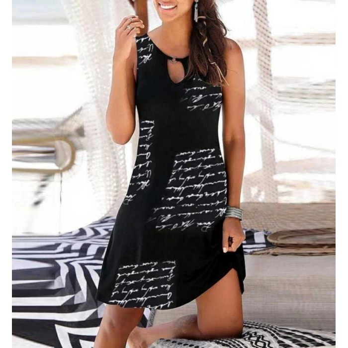 MDB Kadın Kolsuz Halka Detay Mektup Desenli Mikro Elbise