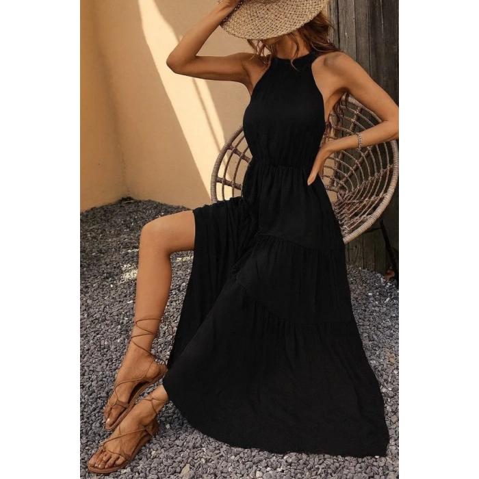 MDB Kadın Kolsuz Halter Yaka Beli Lastiklidesenli Mikro Elbise