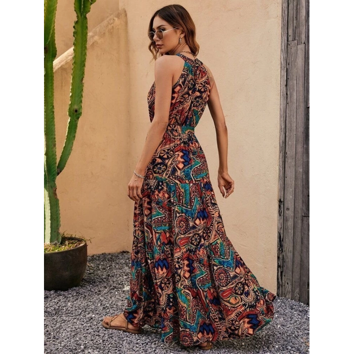 MDB Kadın Kolsuz Halter Yaka Beli Lastikliotantik Desenli Mikro Kumaş Elbise