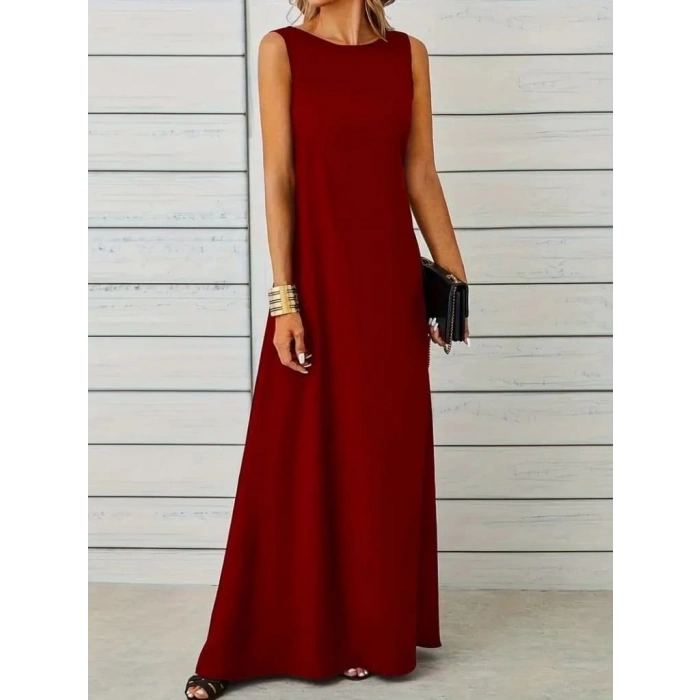MDB Kadın Kolsuz Kayık Yaka Maksi Janjan Krep Elbise