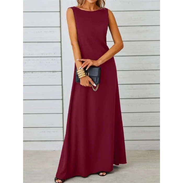 MDB Kadın Kolsuz Kayık Yaka Maksi Janjan Krep Elbise