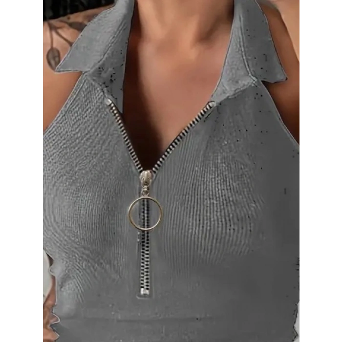 MDB Kadın Kolsuz Polo Yaka önü Fermuarlı Kaşkorse Bluz