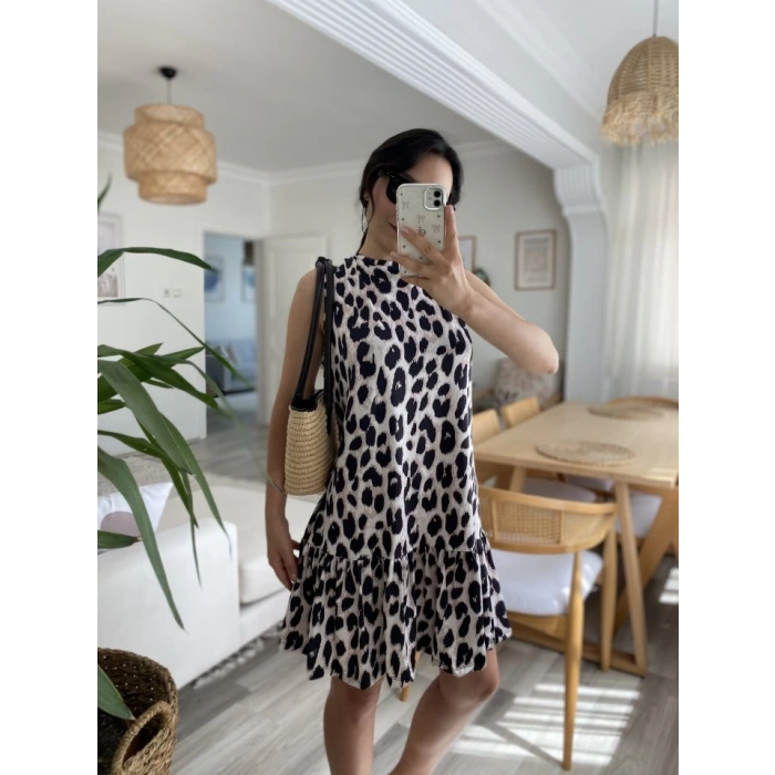 MDB Kadın Kolsuz Sırttan Bağlamalı Fırfırlı Leopar Desenli Süprem Elbise