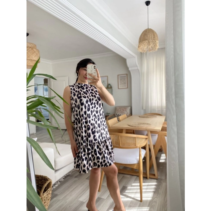 MDB Kadın Kolsuz Sırttan Bağlamalı Fırfırlı Leopar Desenli Süprem Elbise