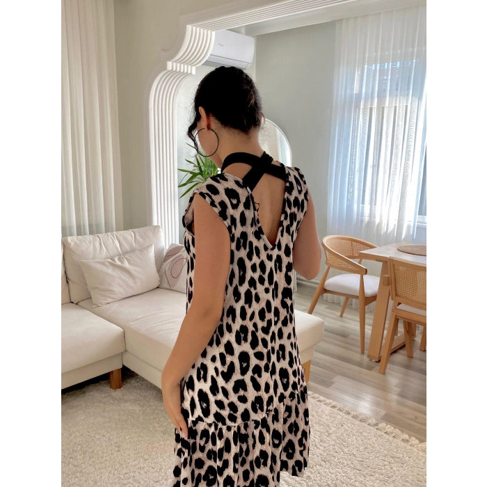 MDB Kadın Kolsuz Sırttan Bağlamalı Fırfırlı Leopar Desenli Süprem Elbise