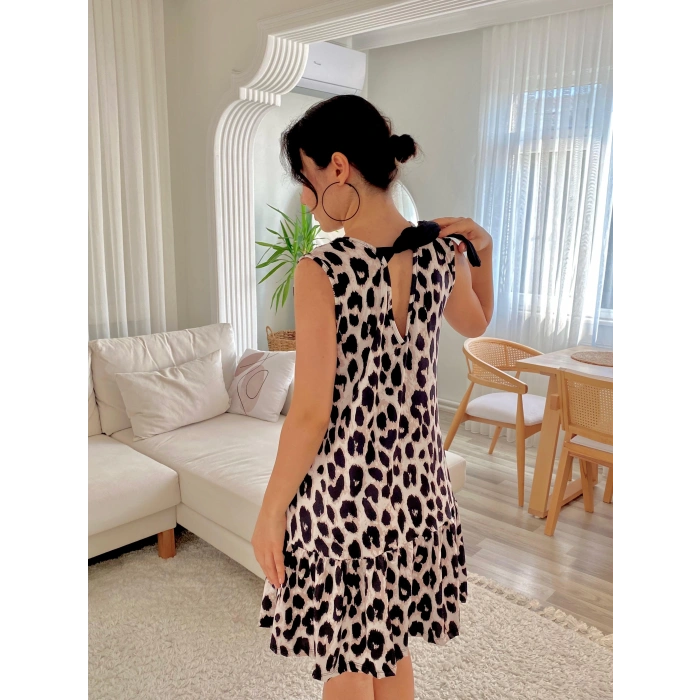 MDB Kadın Kolsuz Sırttan Bağlamalı Fırfırlı Leopar Desenli Süprem Elbise