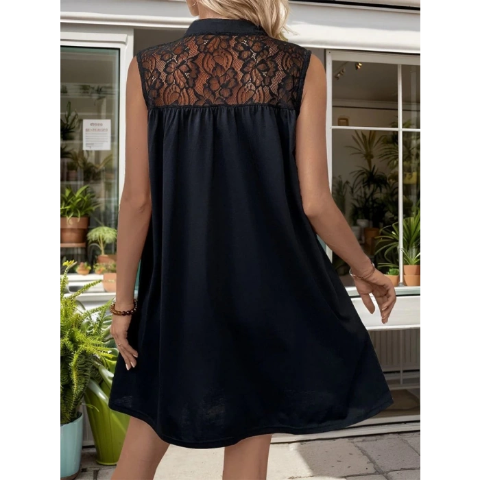 MDB Kadın Kolsuz V Hakim Yaka Dantelli Janjan Krep Elbise