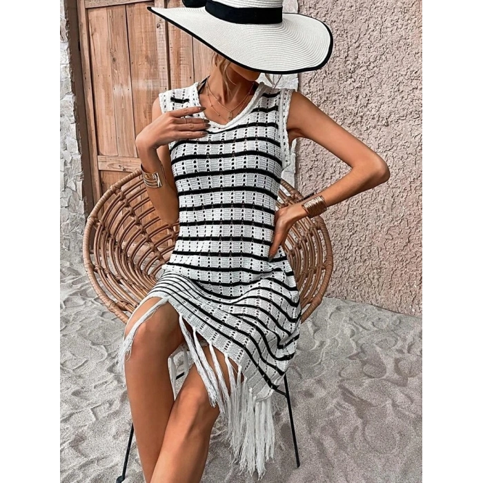 MDB Kadın Kolsuz V Yaka Eteği Püsküllü çizgi Desen Triko Elbise