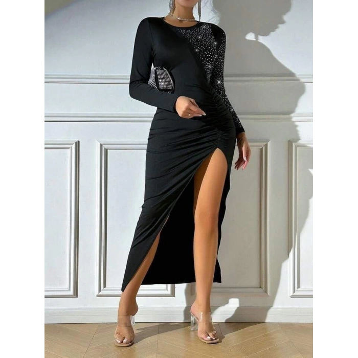 MDB Kadın Krep Dalgıç Kumaş Taş Aksesuarlı Yırtmaç Detaylı Uzun Kollu Elbise