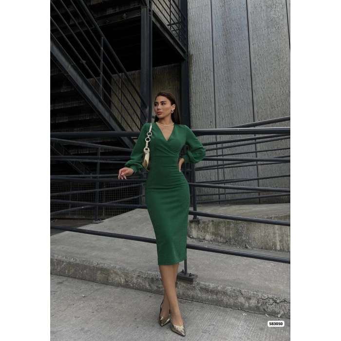 MDB Kadın Kruvaze Yaka Balon Kol imli Krep Kumaş idi Boy Elbise