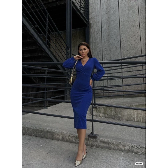 MDB Kadın Kruvaze Yaka Balon Kol imli Krep Kumaş idi Boy Elbise