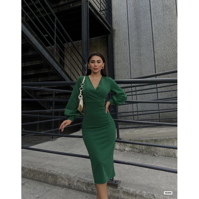 MDB Kadın Kruvaze Yaka Balon Kol imli Krep Kumaş idi Boy Elbise