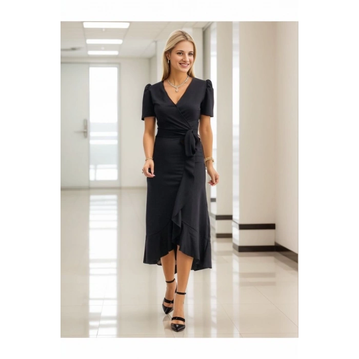 MDB Kadın Kruvaze Yaka idi Boy Kuşaklı Krep Elbise 120 Cm