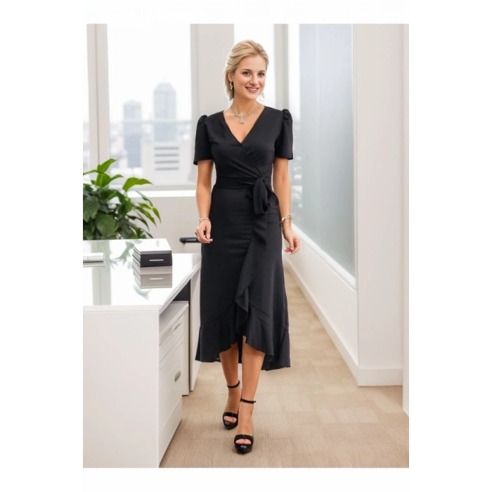 MDB Kadın Kruvaze Yaka idi Boy Kuşaklı Krep Elbise 120 Cm