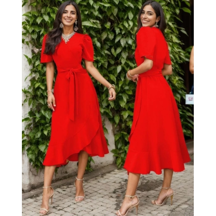 MDB Kadın Kruvaze Yaka idi Boy Kuşaklı Krep Elbise 120 Cm