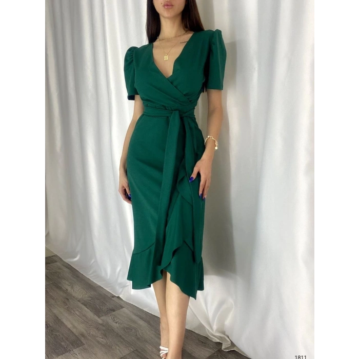 MDB Kadın Kruvaze Yaka idi Boy Kuşaklı Krep Elbise 120 Cm