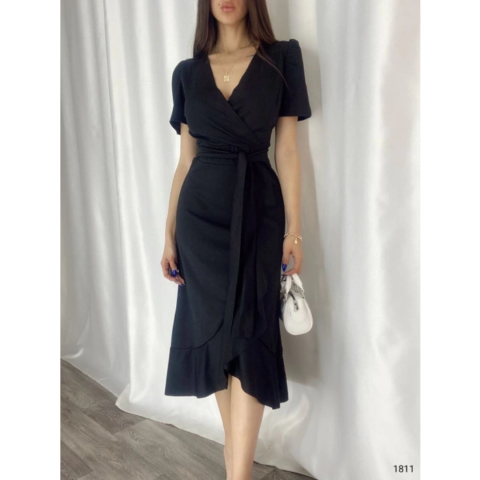 MDB Kadın Kruvaze Yaka idi Boy Kuşaklı Krep Elbise 120 Cm