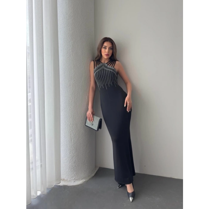 MDB Kadın Omuz çoklu Askılı önü Taş Işlemeli Balık Kesim Janjan Krep Maxi Boy Elbise