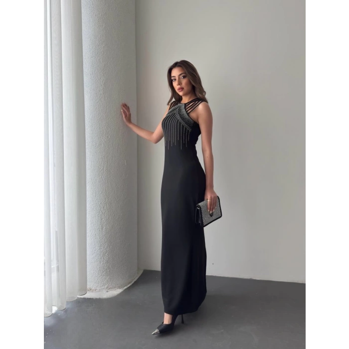 MDB Kadın Omuz çoklu Askılı önü Taş Işlemeli Balık Kesim Janjan Krep Maxi Boy Elbise