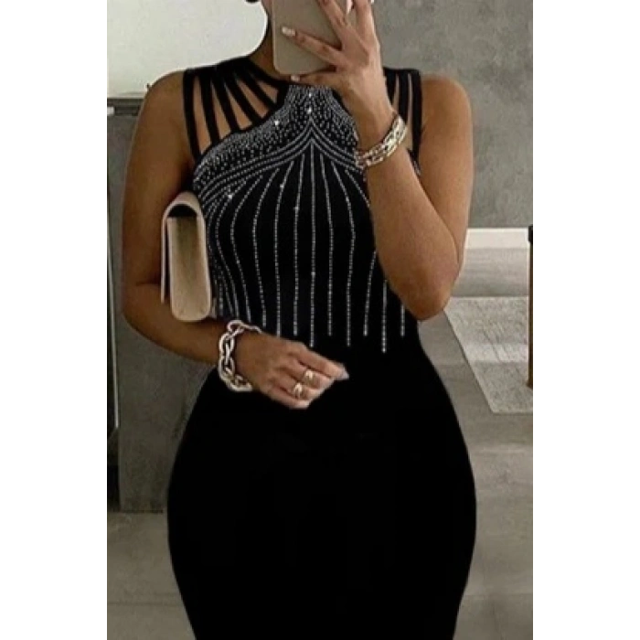 MDB Kadın Omuz çoklu Askılı önü Taş Işlemeli Balık Kesim Janjan Krep Maxi Boy Elbise