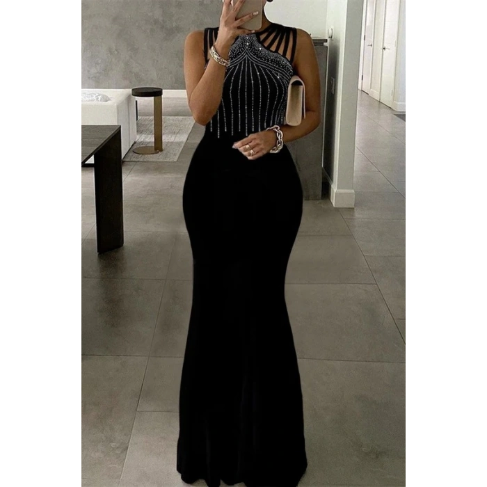 MDB Kadın Omuz çoklu Askılı önü Taş Işlemeli Balık Kesim Janjan Krep Maxi Boy Elbise