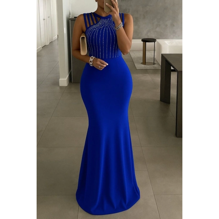 MDB Kadın Omuz çoklu Askılı önü Taş Işlemeli Balık Kesim Janjan Krep Maxi Boy Elbise