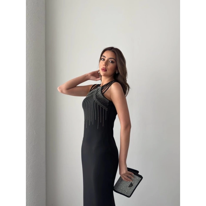 MDB Kadın Omuz çoklu Askılı önü Taş Işlemeli Balık Kesim Janjan Krep Maxi Boy Elbise